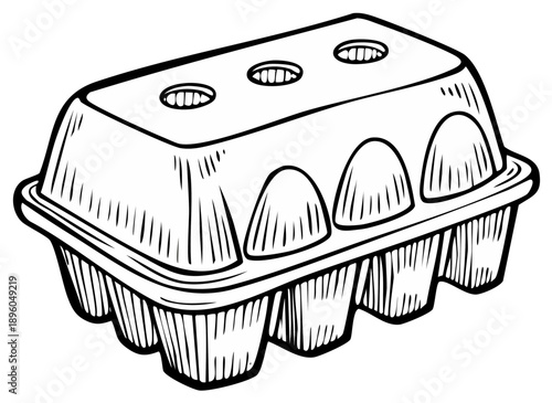 Black and White Outline Illustration of Cardboard Egg Carton Packaging Container