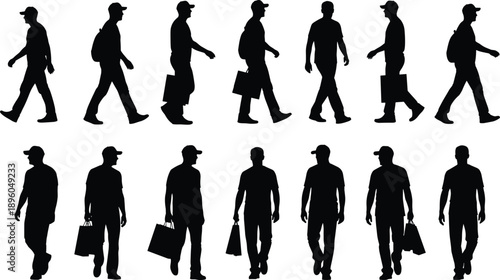 Collection of Black Male Silhouettes Featuring Men Walking and Carrying Shopping Bags for Retail Consumerism Fashion and Urban Lifestyle Projects,