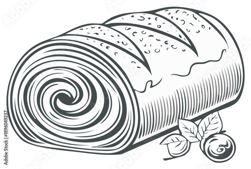 Artistic Sketch of a Spiral Shaped Sweet Pastry Bread with Berries and Leaves