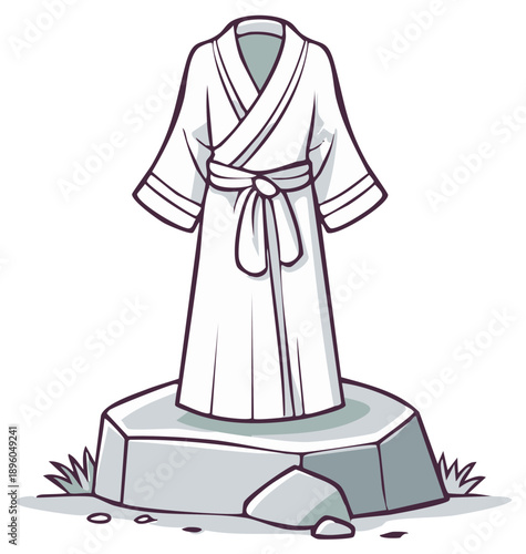 Cartoon White Robe Displayed on Stone Pedestal in Simple Illustration Style