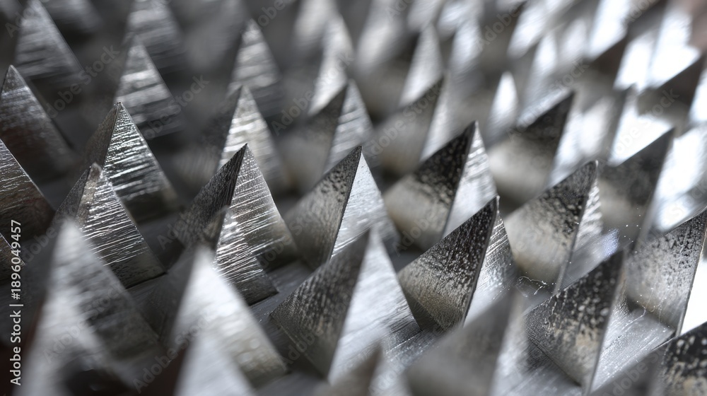 Fototapeta premium Close up of a sharp metal surface with many pointed spikes. Abstract background showing danger and security concept. Industrial machinery detail.