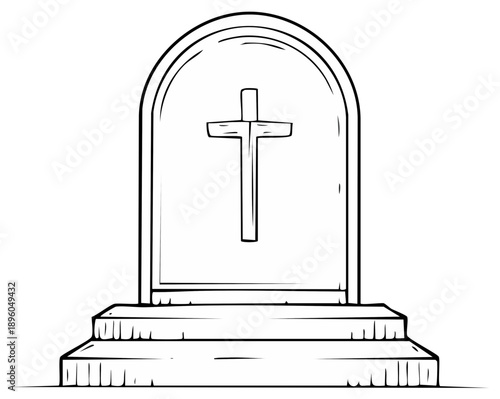 Black and white line art drawing of a Christian gravestone with a cross symbol for remembrance