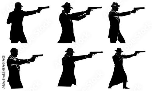 Silhouetted men in long coats and hats firing pistols in various stances