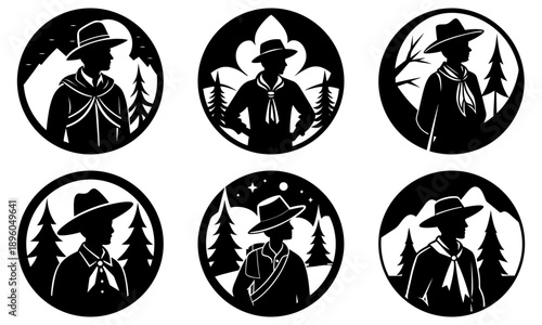 Six silhouetted travelers with hats and backpacks in circular frames with forest and mountain landscapes at dusk