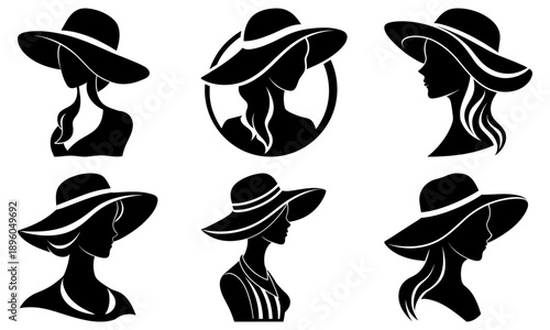 Collection of six elegant female silhouettes wearing stylish hats from different viewpoints