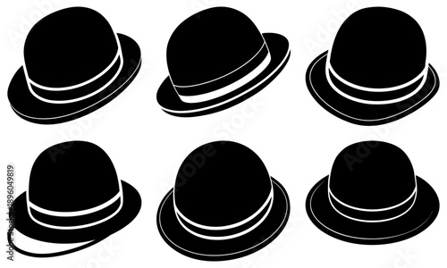 Collection of classic black bowler hats illustrated from various angles on a white background