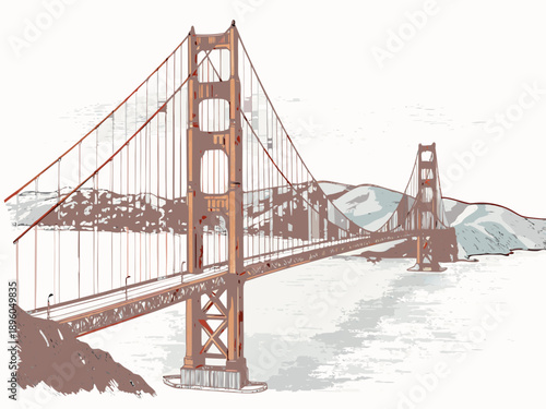 Illustration of the golden gate bridge with mountains in background
