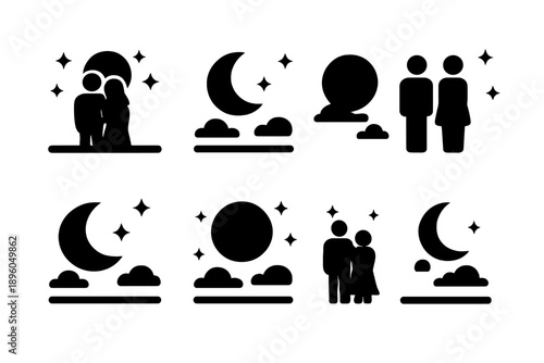 Couple Silhouette Icons. Couple silhouette under moonlight. Filled icon set of Couple silhouette under