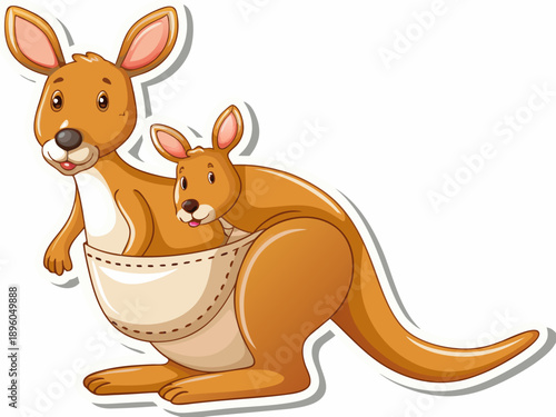 A mother kangaroo carrying her joey in her pouch illustrated style