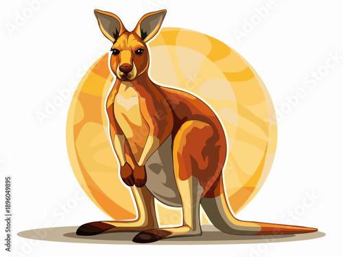Illustration of a kangaroo standing in front of a sunburst
