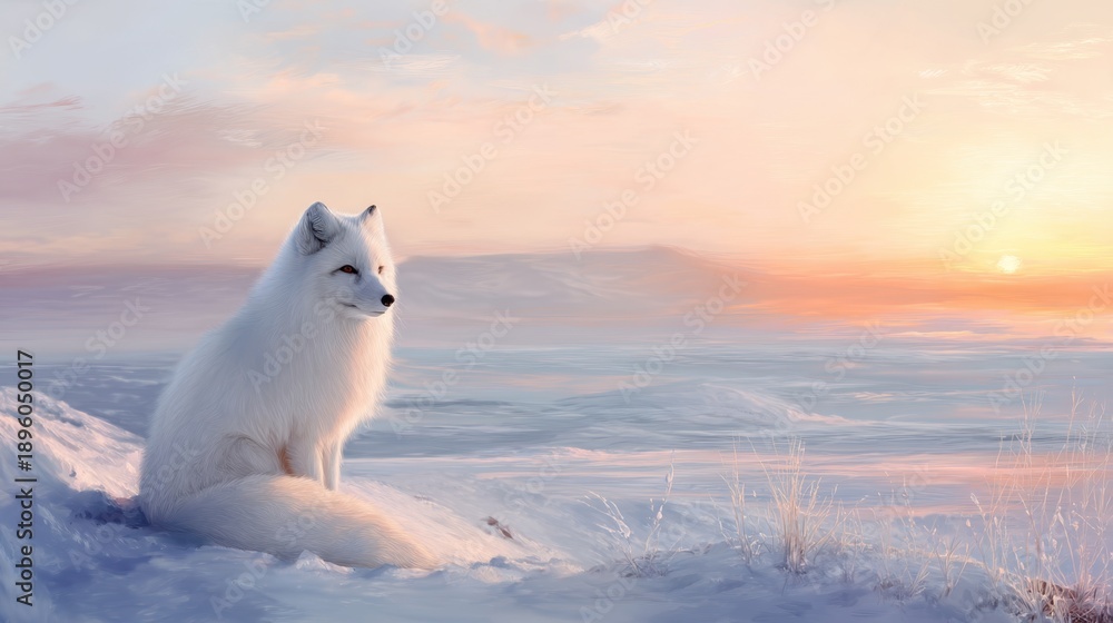 Obraz premium Arctic fox sitting on snow-covered ground during sunrise or sunset. Wildlife in winter landscape for nature and animal concept design.