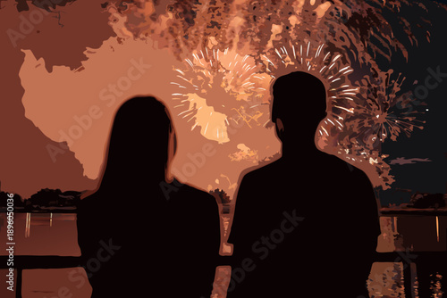 Silhouetted couple watching vibrant fireworks display over water