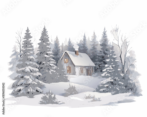 A quaint cabin nestled in a snow covered evergreen forest during winter