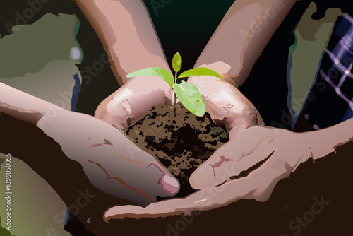 Hands gently cradling a small seedling growing from rich soil