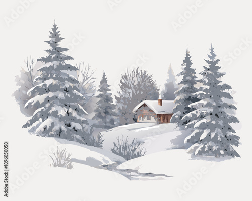 Snowy winter landscape featuring a cozy cabin nestled amongst evergreen trees