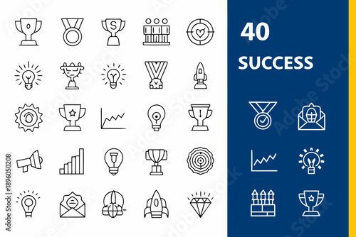 Collection of linear icons representing achievements success and positive concepts