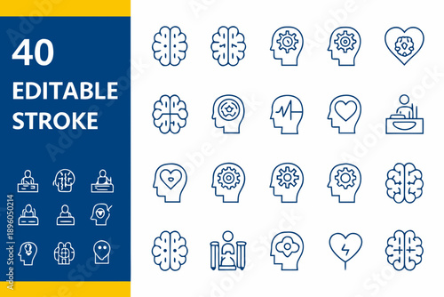 Mental health and wellness icons with editable stroke design elements