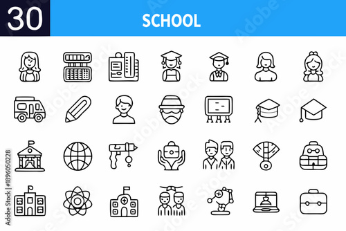 School education icons students teachers and learning materials depicted