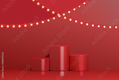 Red minimalist stage with illuminated string lights for product display
