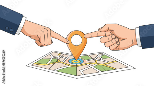 Collaborative destination planning and meeting point concept with two fingers pointing at a map location pin.