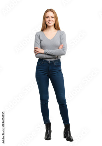 young caucasian woman, strawberry-blonde hair, smiling confidently, full-body in fitted gray shirt and dark jeans, arms crossed, high-key white studio background, concept of commercial casual