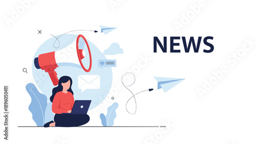 Digital journalism and breaking news concept with a woman working on a laptop computer near a large megaphone.