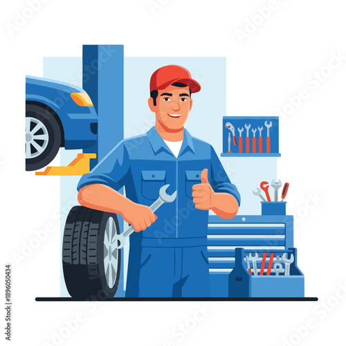 Smiling auto mechanic in uniform with wrench giving thumbs up in car repair shop. Professional vehicle service and maintenance.