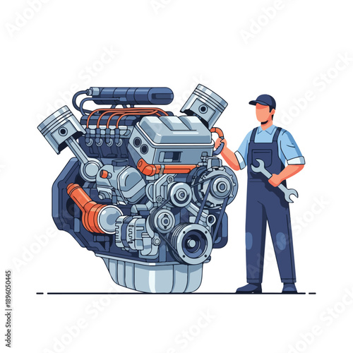 Automotive Mechanic with Wrench Standing by Detailed Internal Combustion Engine Illustration - Repair & Service Concept