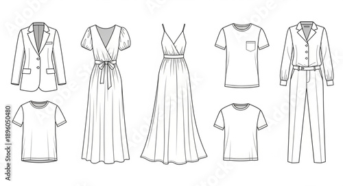 Fashion design sketches of clothing items laid out flat.