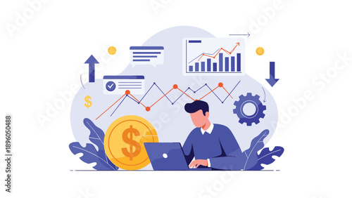 Financial analysis and business management concept with a professional man working on a laptop computer station.