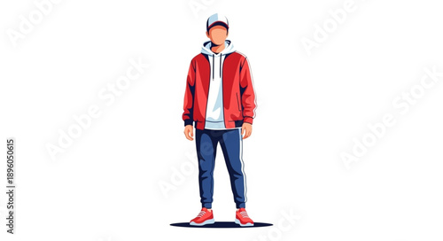 Young man wearing a red jacket and baseball cap.