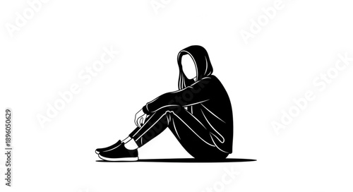 Silhouette of a person wearing a hooded sweatshirt and pants sitting down.