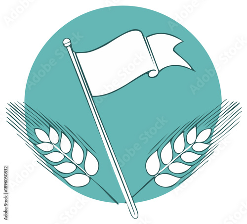 Wheat Ears and White Flag Emblem on Teal Background