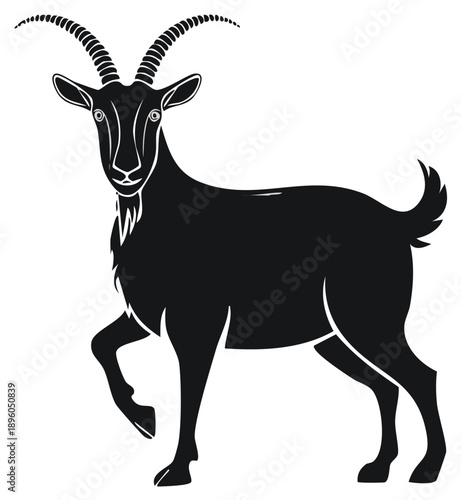 Black goat standing silhouette with majestic curved horns and beard vector illustration