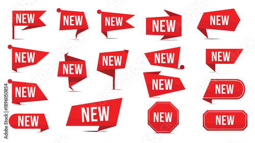 New arrival and promotional tags collection with various red labels and banners for retail store marketing.