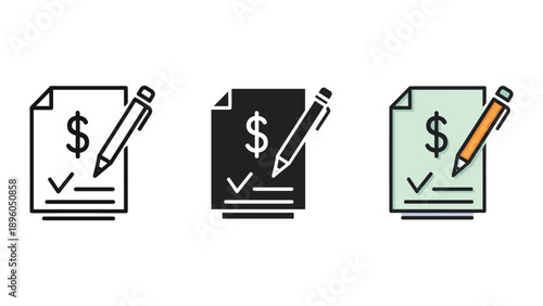 Dollar bill document verification with pencil icon set