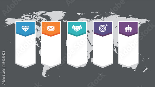 Global business strategies and corporate values concept with colorful vertical banners and icons over a world map.
