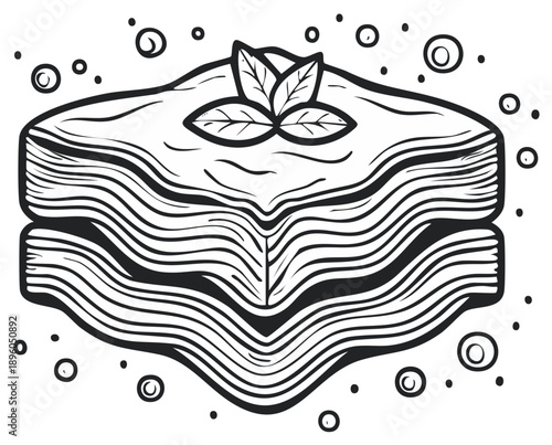Black and white illustration of a lasagna dish with basil garnish