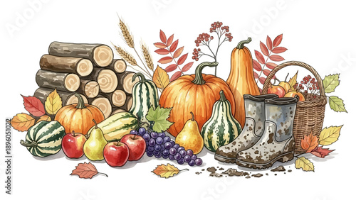 Abundant autumn harvest with pumpkins, fruits, and firewood.