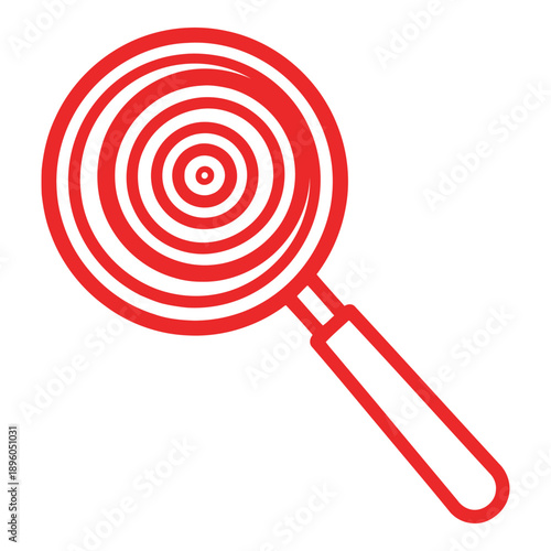 Red magnifying glass icon with spiral pattern on for search or investigation concepts