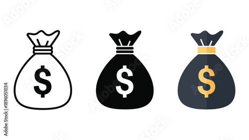Money bag icons with dollar sign in different styles