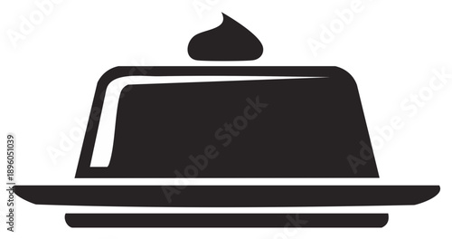 Simple black silhouette icon of a flan pudding dessert with cream topping on a serving plate