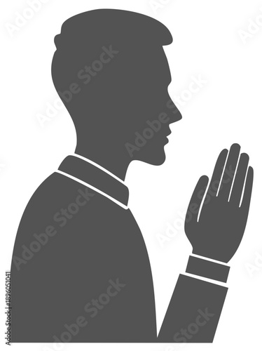 Man with raised hands, prayer gesture, silhouette, side view, spirituality concept