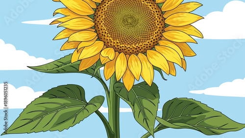 A vibrant sunflower blooms against a clear blue sky with clouds.