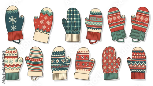 A collection of festive patterned winter gloves and mittens