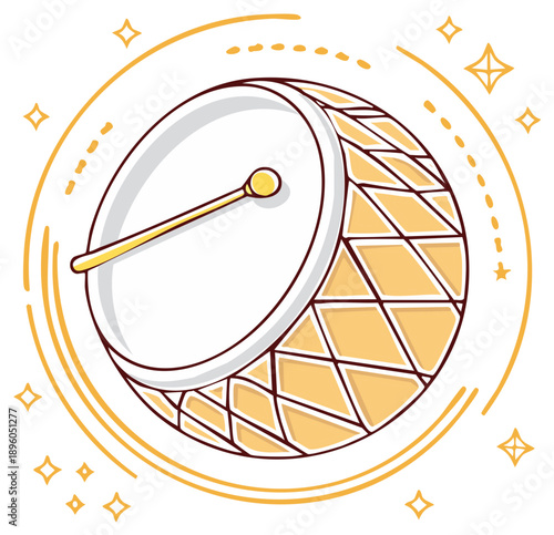 Festive drum with geometrical pattern surrounded by stars and golden circle vector illustration.