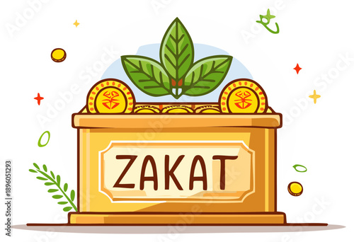 Islamic Zakat Donation Box with Gold Coins and Growing Green Leaves