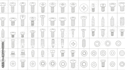 Seamless pattern of various fasteners, bolts, screws, and nuts.