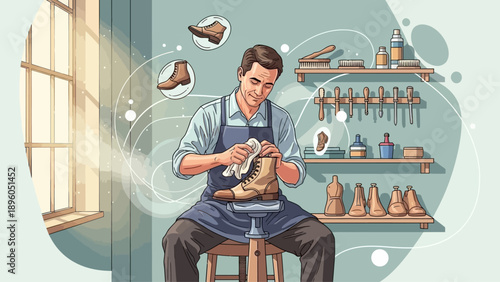A diligent shoemaker polishes a classic boot in his traditional repair shop.