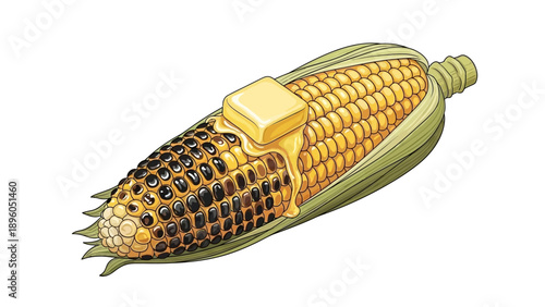 Cartoon illustration of grilled corn on the cob with melting butter.